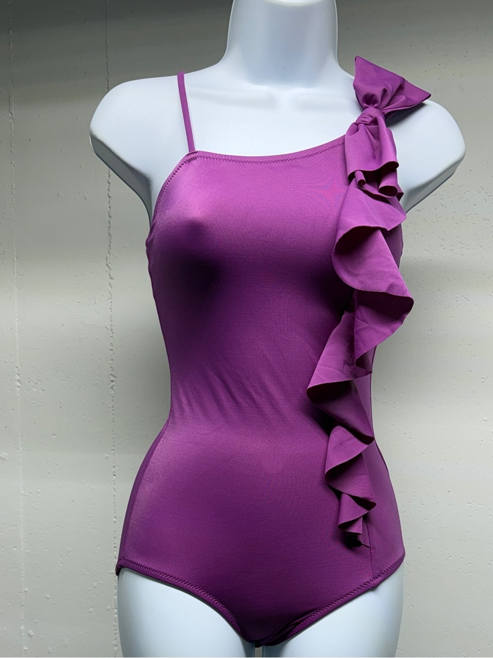 Jr sz  12 Purple Ruffle two-Shoulder swimsuit by crewcuts